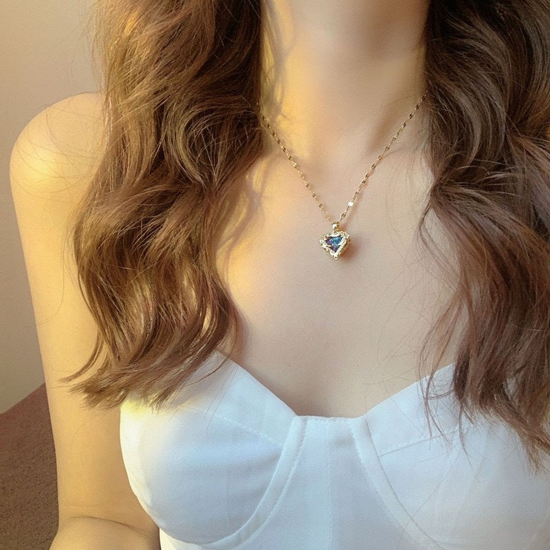 Colar Feminino Coração Oceânico Cristal Azul Romântico