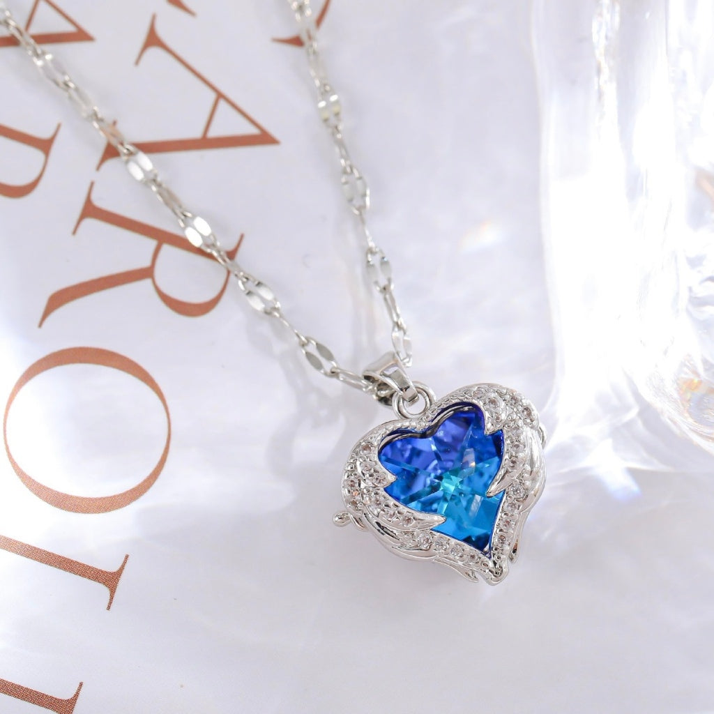 Colar Feminino Coração Oceânico Cristal Azul Romântico
