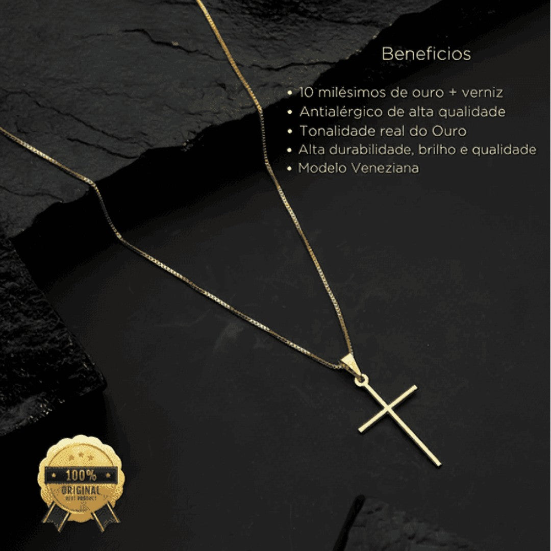 ✝️ FaithGold™ – Corrente Masculina Veneziana com Pingente de Cruz Banhada a Ouro 18K