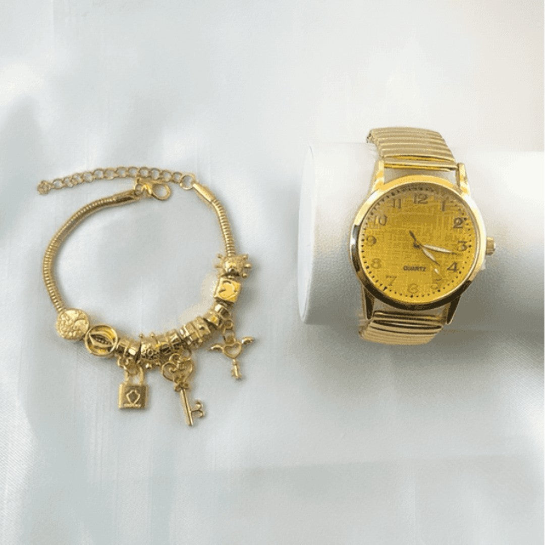 ⌚ LuxoraTime™ – Kit Relógio e Pulseira Masculino Dourado e Prata Elegance Edition