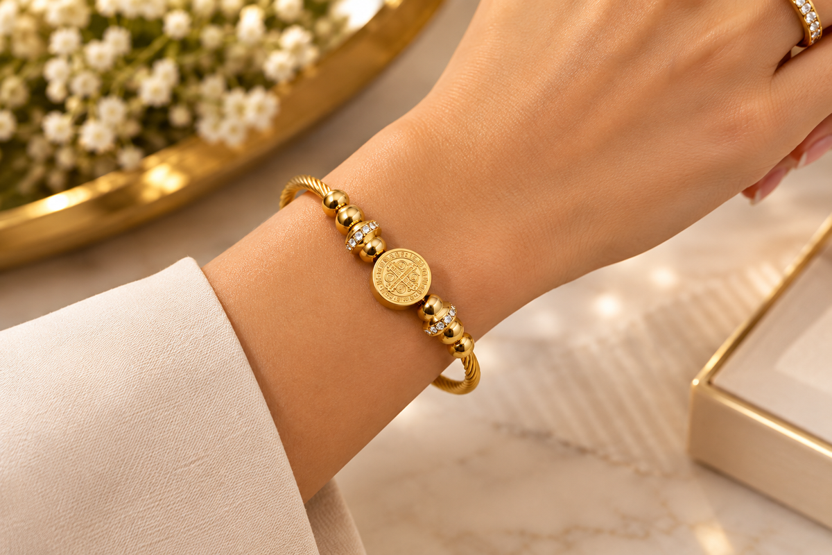 Bracelete Medalhão São Bento com Strass BentoLux – Promoção de Lançamento