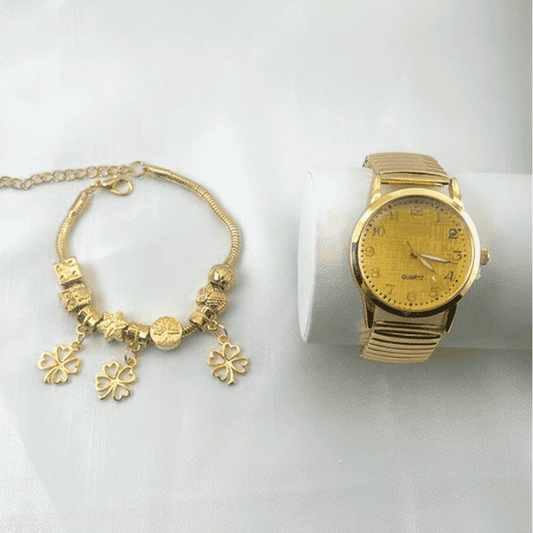 ⌚ LuxoraTime™ – Kit Relógio e Pulseira Masculino Dourado e Prata Elegance Edition