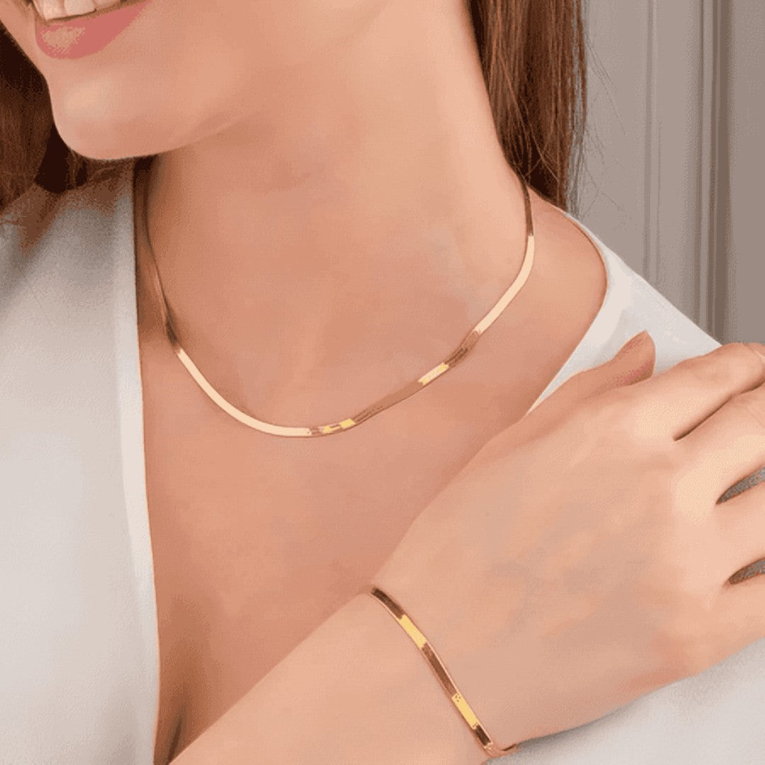 💎 GoldenLuxe™ – Kit Colar Laminado e Pulseira Folheados a Ouro 18K