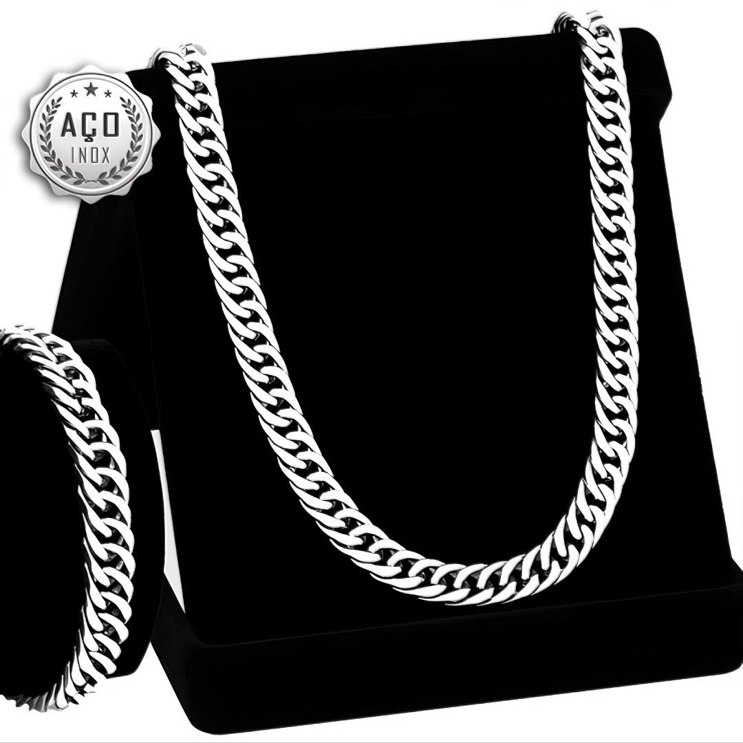 💎 BlackSteel™ – Conjunto Masculino Corrente + Pulseira em Aço Inoxidável 7mm