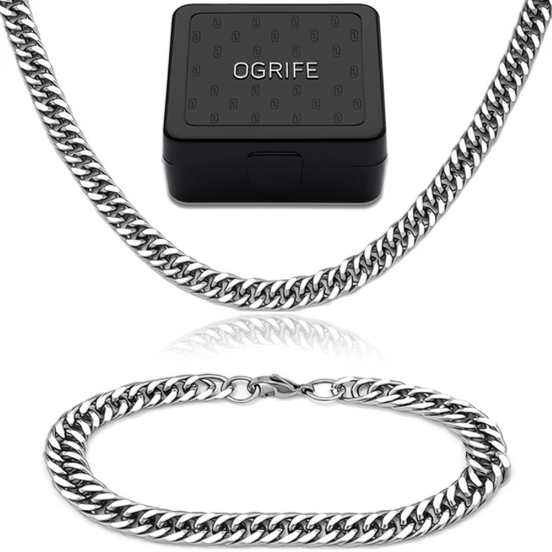 💎 BlackSteel™ – Conjunto Masculino Corrente + Pulseira em Aço Inoxidável 7mm